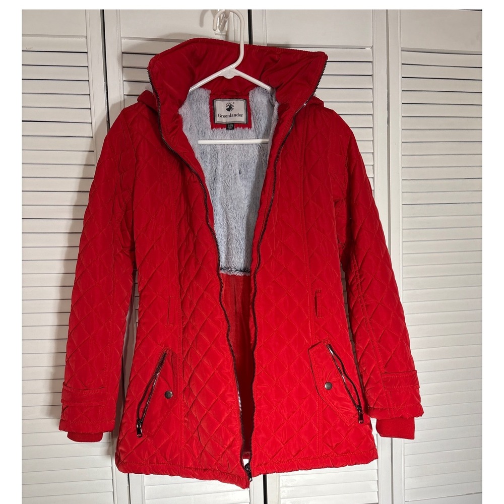Greenlander Red Quilted Belted Parka Jacket Faux Fur Lining Hooded GW1061 Womens